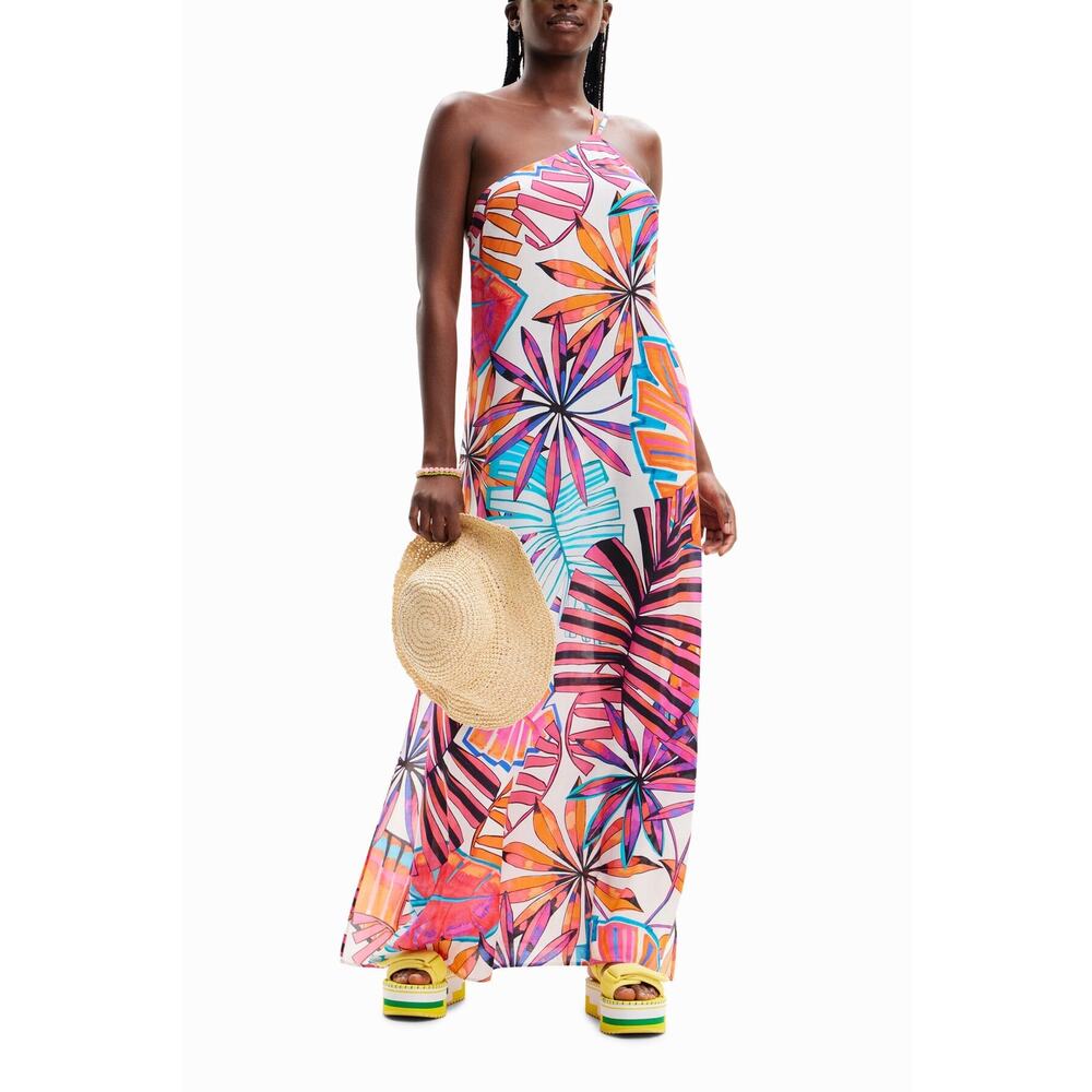 NWT Desigual‎ Tropical Asymmetric Midi Dress | White Pink Orange | SZ XS